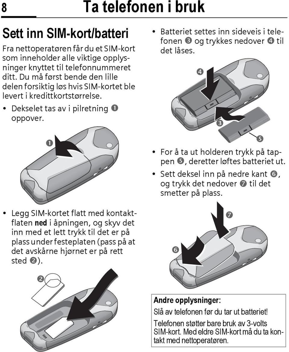 Batteriet settes inn sideveis i telefonen og trykkes nedover til det låses. For å ta ut holderen trykk på tappen, deretter løftes batteriet ut.