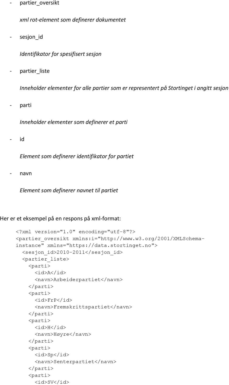 på xml-format: <?xml version="1.0" encoding="utf-8"?> <partier_oversikt xmlns:i="http://www.w3.org/2001/xmlschemainstance" xmlns="https://data.stortinget.