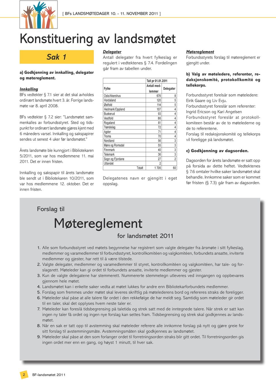 Innkalling og sakspapirer sendes ut senest 4 uker før landsmøtet. Årets landsmøte ble kunngjort i Bibliotekaren 5/2011, som var hos medlemmene 11. mai 2011. Det er innen fristen.