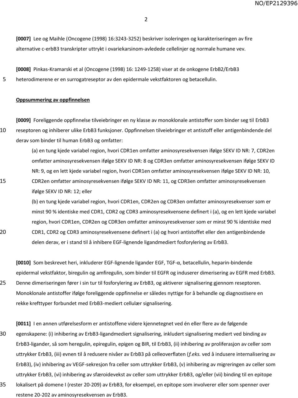 Oppsummering av oppfinnelsen 1 [0009] Foreliggende oppfinnelse tilveiebringer en ny klasse av monoklonale antistoffer som binder seg til ErbB3 reseptoren og inhiberer ulike ErbB3 funksjoner.