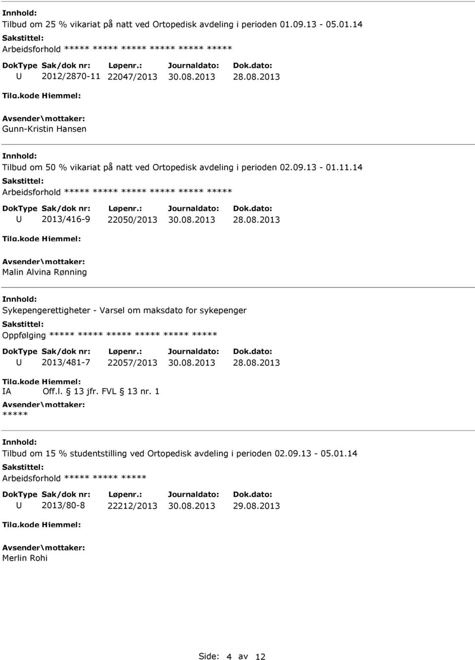 22047/2013 Gunn-Kristin Hansen Tilbud om 50 % vikariat på natt ved Ortopedisk avdeling i perioden 02.09.13-01.11.