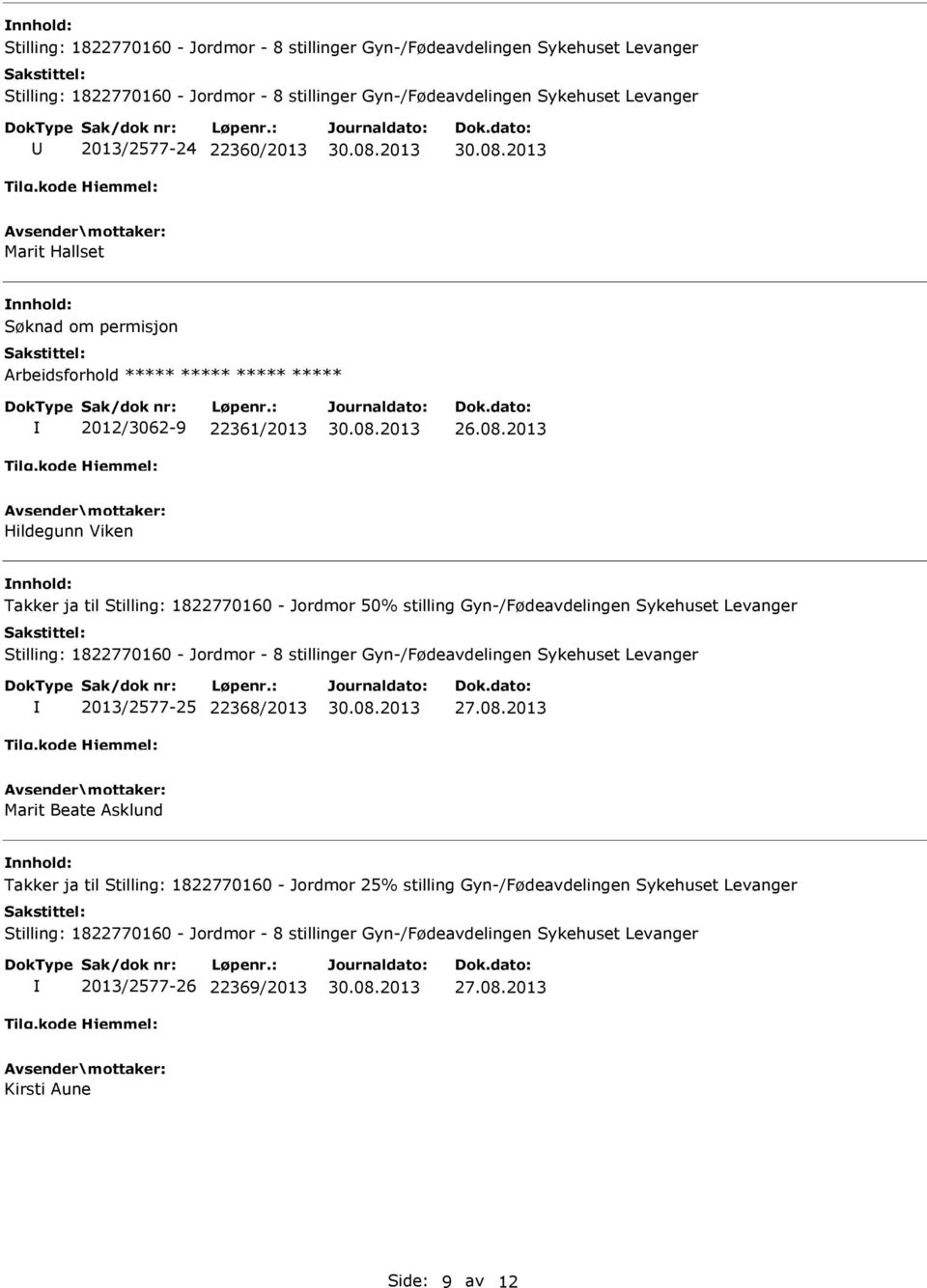 2013 Hildegunn Viken Takker ja til Stilling: 1822770160 - Jordmor 50% stilling Gyn-/Fødeavdelingen Sykehuset Levanger Stilling: 1822770160 - Jordmor - 8 stillinger Gyn-/Fødeavdelingen Sykehuset