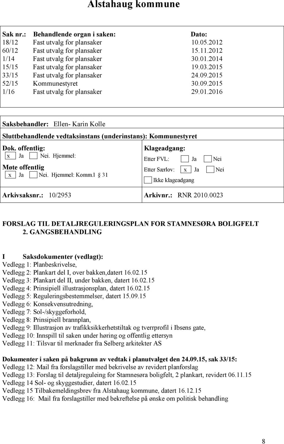 offentlig: x Ja Nei. Hjemmel: Møte offentlig x Ja Nei. Hjemmel: Komm.l 31 Klageadgang: Etter FVL: Ja Nei Etter Særlov: x Ja Nei Ikke klageadgang Arkivsaksnr.: 10/2953 Arkivnr.: RNR 2010.