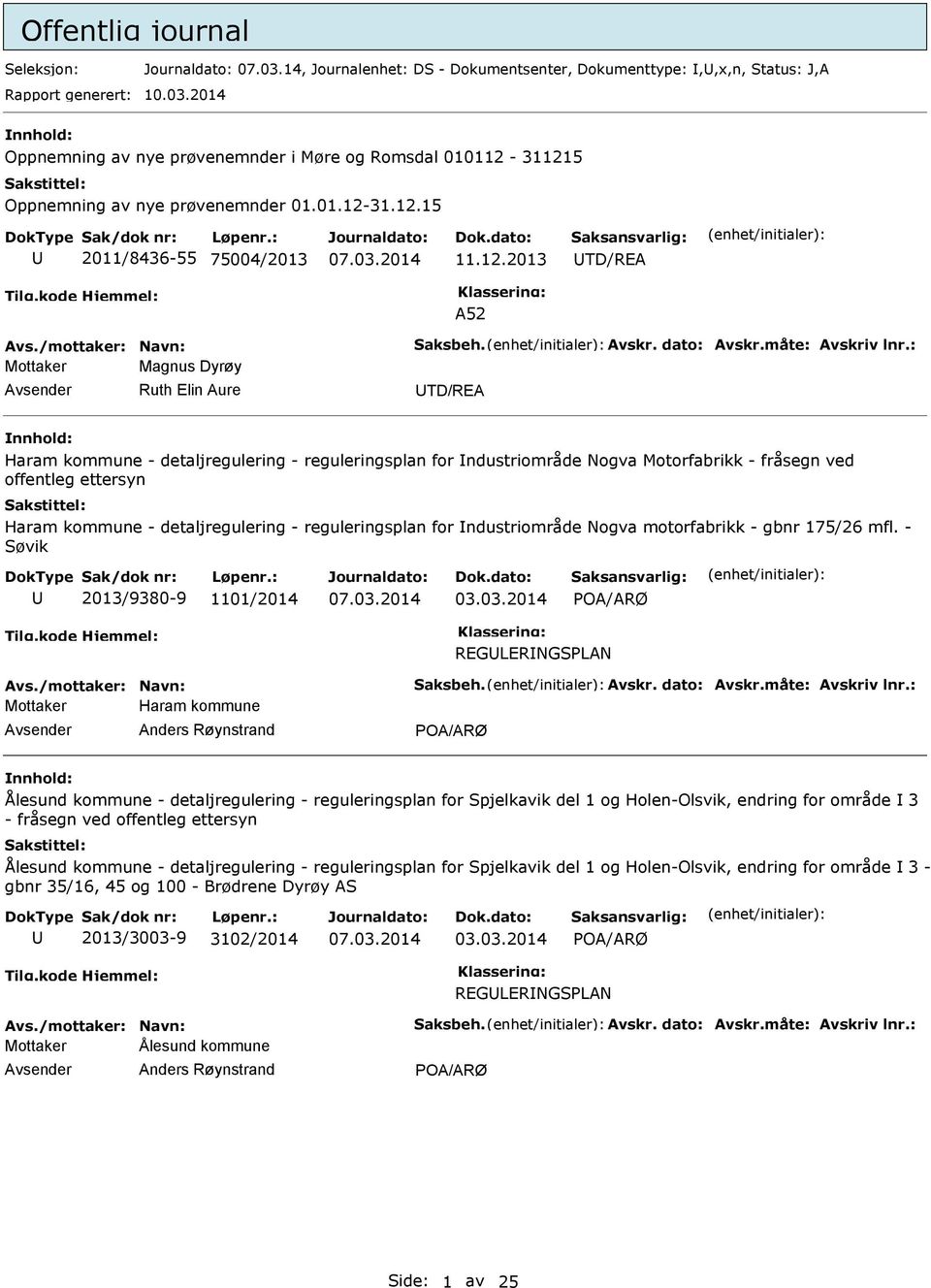 : Mottaker Magnus Dyrøy Ruth Elin Aure TD/REA nnhold: Haram kommune - detaljregulering - reguleringsplan for ndustriområde Nogva Motorfabrikk - fråsegn ved offentleg ettersyn Haram kommune -