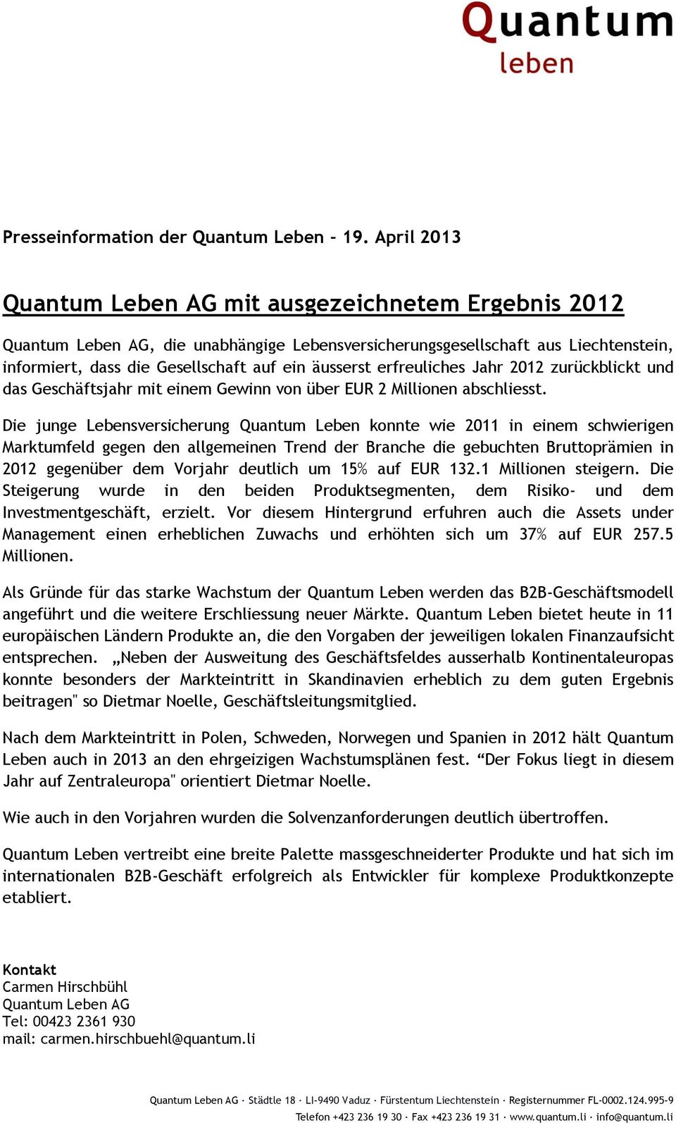 erfreuliches Jahr 2012 zurückblickt und das Geschäftsjahr mit einem Gewinn von über EUR 2 Millionen abschliesst.