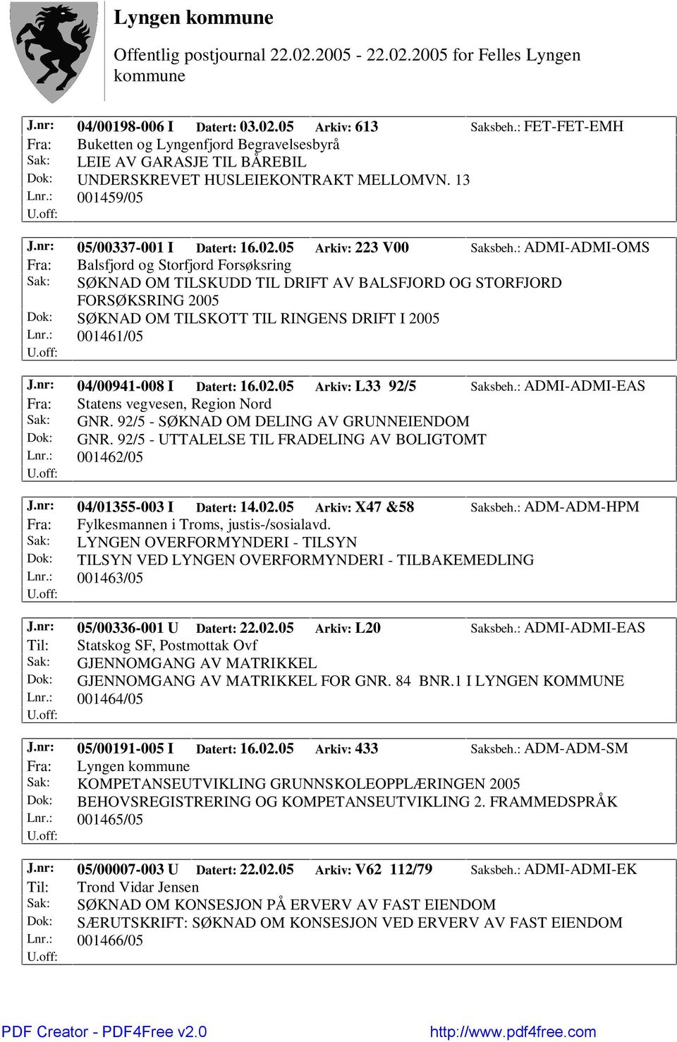 : ADMI-ADMI-OMS Fra: Balsfjord og Storfjord Forsøksring Sak: SØKNAD OM TILSKUDD TIL DRIFT AV BALSFJORD OG STORFJORD FORSØKSRING 2005 Dok: SØKNAD OM TILSKOTT TIL RINGENS DRIFT I 2005 Lnr.: 001461/05 J.