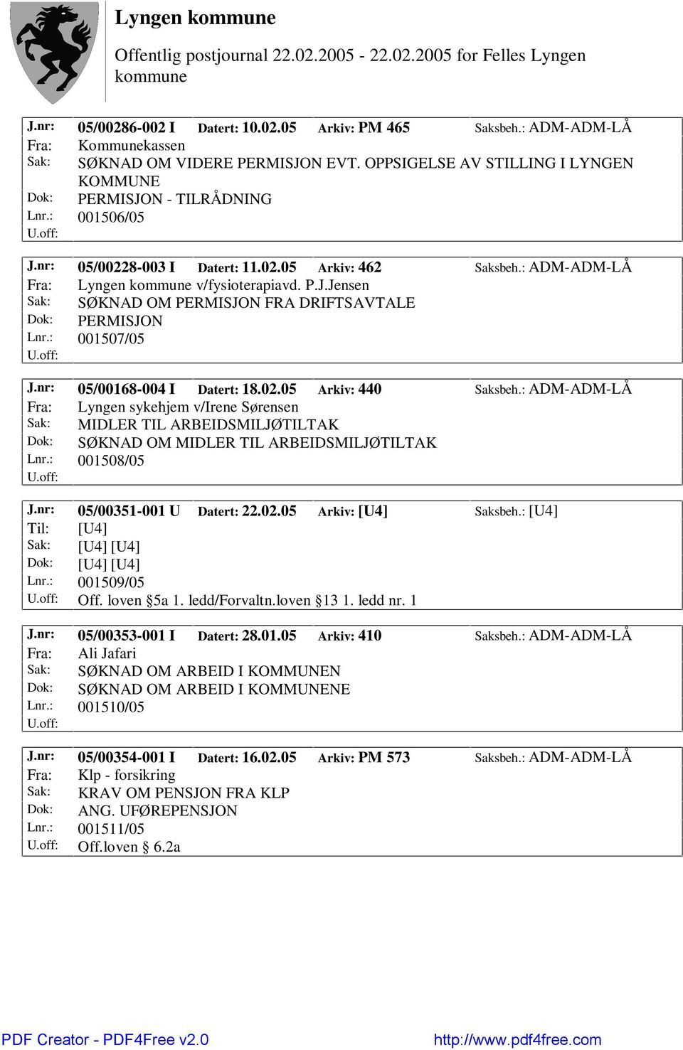 : 001507/05 J.nr: 05/00168-004 I Datert: 18.02.05 Arkiv: 440 Saksbeh.