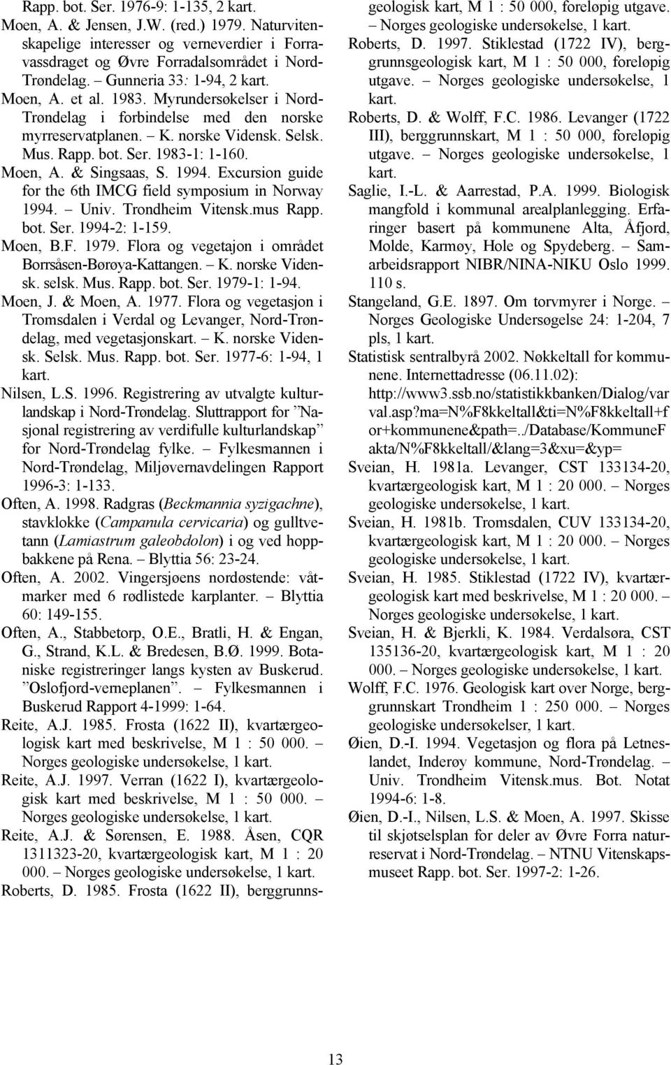 Moen, A. & Singsaas, S. 1994. Excursion guide for the 6th IMCG field symposium in Norway 1994. Univ. Trondheim Vitensk.mus Rapp. bot. Ser. 1994-2: 1-159. Moen, B.F. 1979.