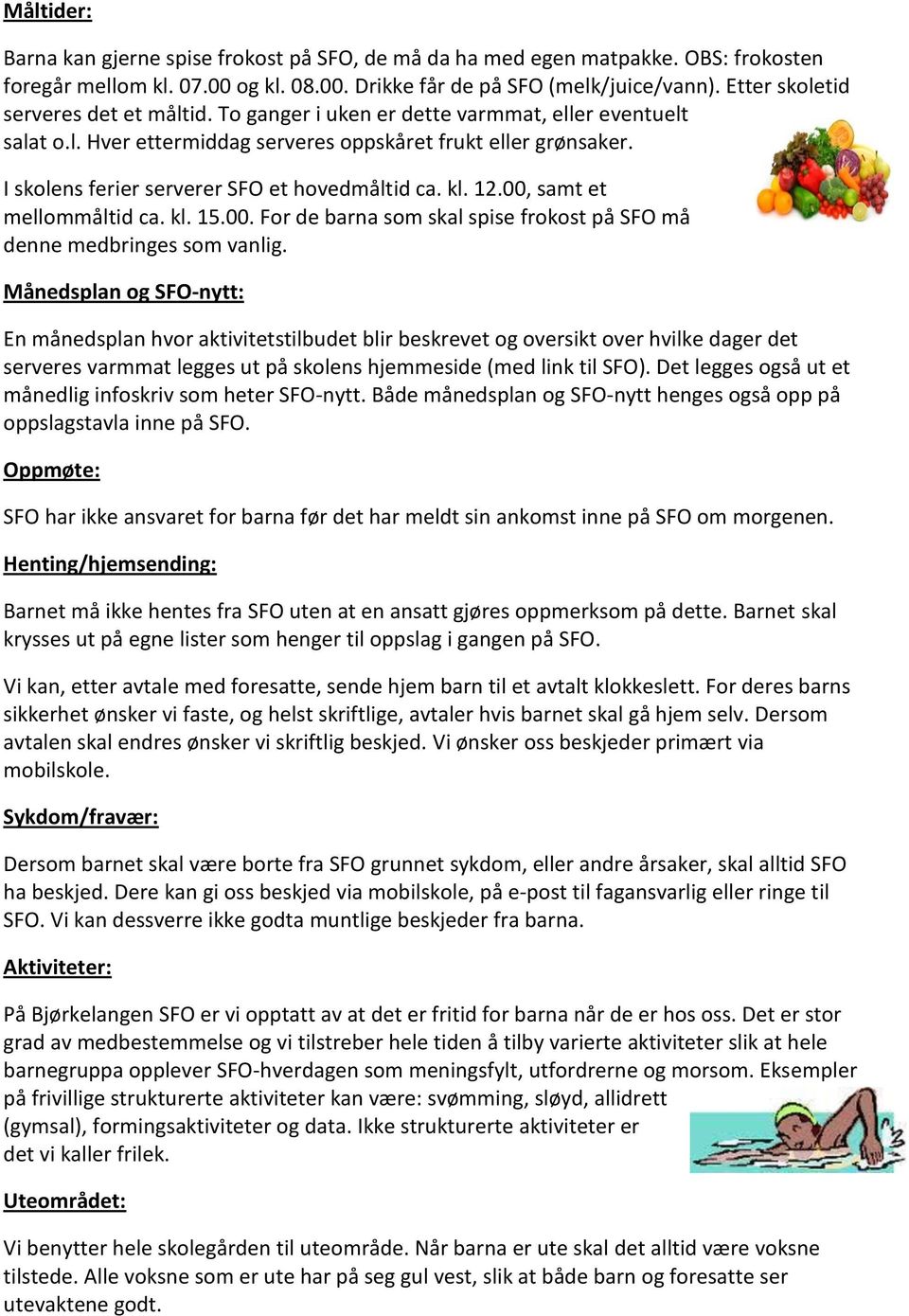 I skolens ferier serverer SFO et hovedmåltid ca. kl. 12.00, samt et mellommåltid ca. kl. 15.00. For de barna som skal spise frokost på SFO må denne medbringes som vanlig.