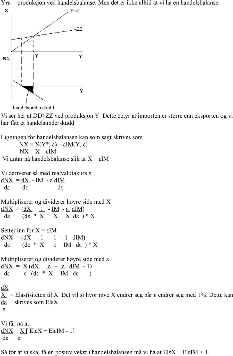 Ligningen for handelsbalansen kan som sagt skrives som NX = X(Y*, ε) εim(y, ε) NX = X εim Vi antar nå handelsbalanse slik at X = εim Vi deriverer så med realvalutakurs ε.