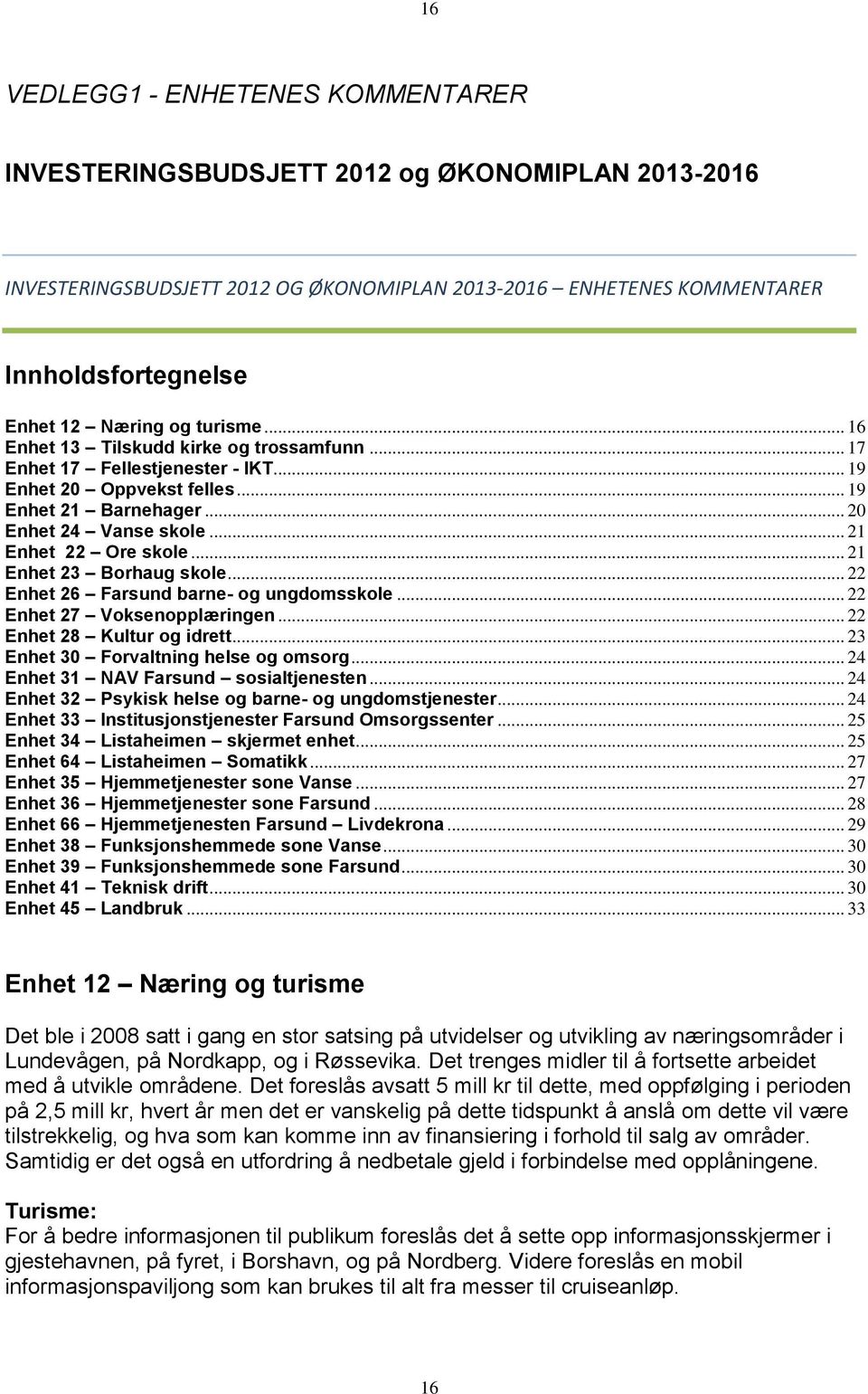 .. 21 Enhet 23 Borhaug skole... 22 Enhet 26 Farsund barne- og ungdomsskole... 22 Enhet 27 Voksenopplæringen... 22 Enhet 28 Kultur og idrett... 23 Enhet 30 Forvaltning helse og omsorg.