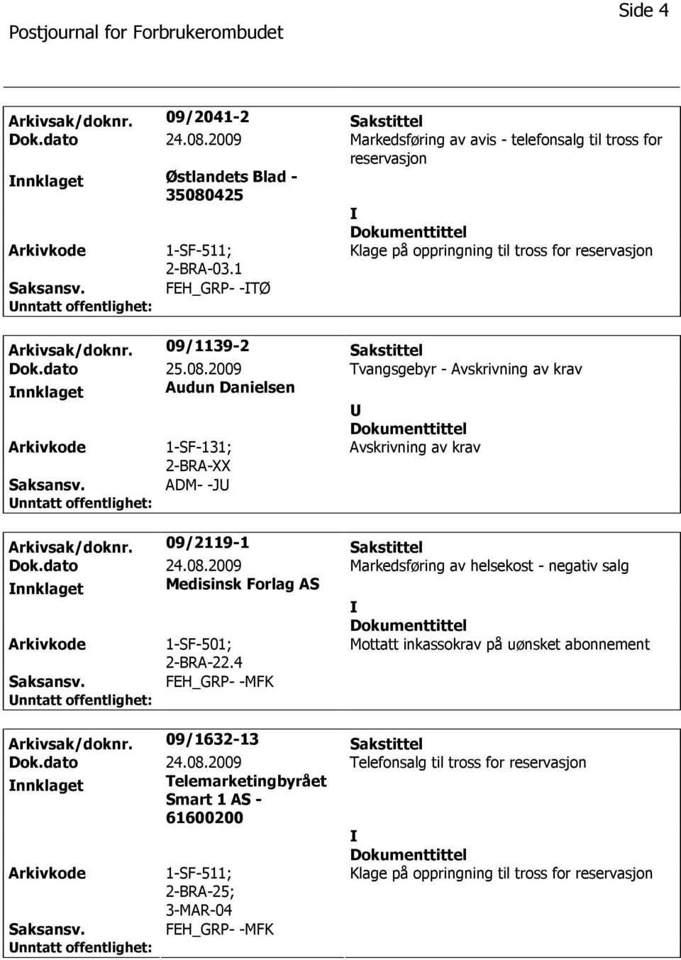 2009 Tvangsgebyr - Avskrivning av krav nnklaget Audun Danielsen 1-SF-131; 2-BRA-XX Avskrivning av krav ADM- -J Arkivsak/doknr. 09/2119-1 Sakstittel Dok.dato 24.08.