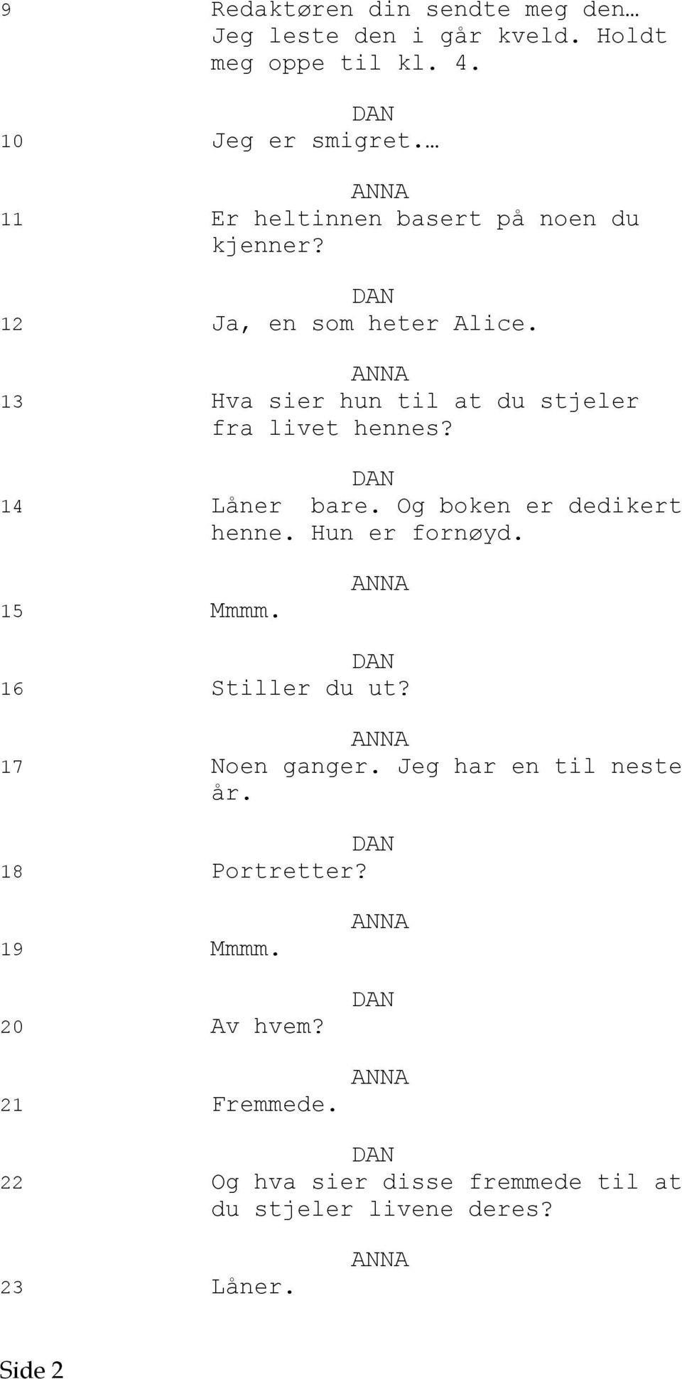 13 Hva sier hun til at du stjeler fra livet hennes? 14 Låner bare. Og boken er dedikert henne. Hun er fornøyd. 15 Mmmm.