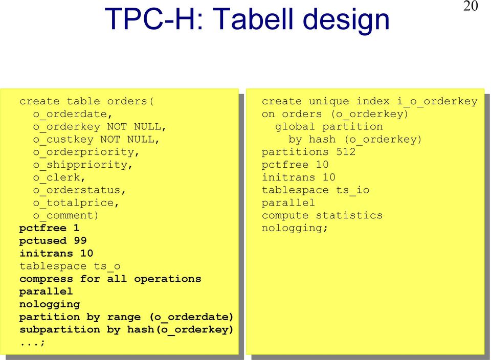 parallel nologging partition by range (o_orderdate) subpartition by hash(o_orderkey).