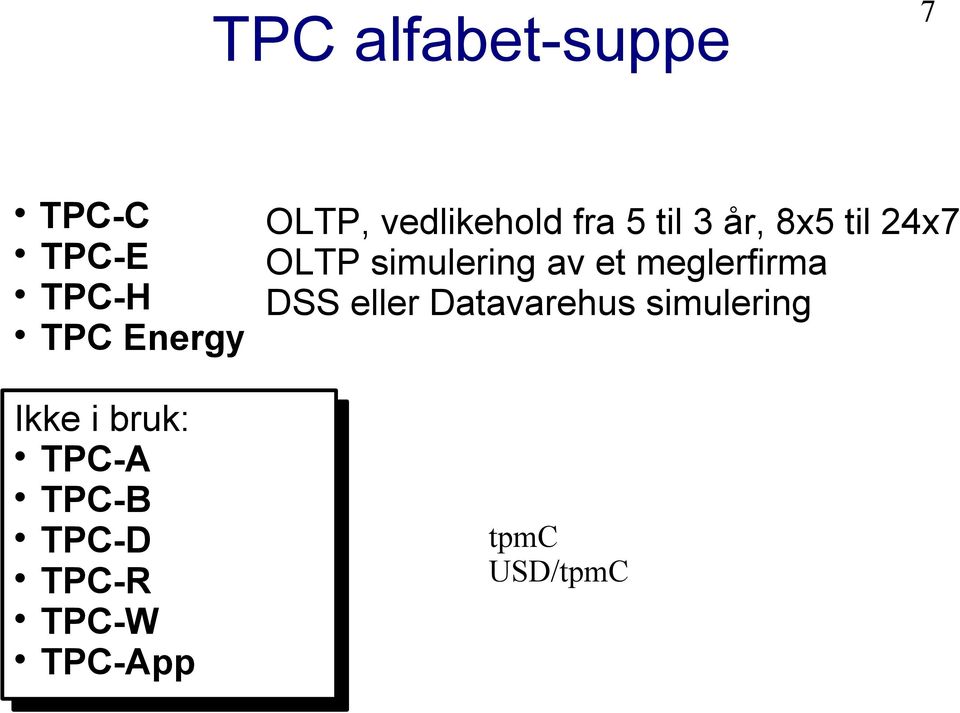 TPC-H DSS eller Datavarehus simulering TPC Energy Ikke i