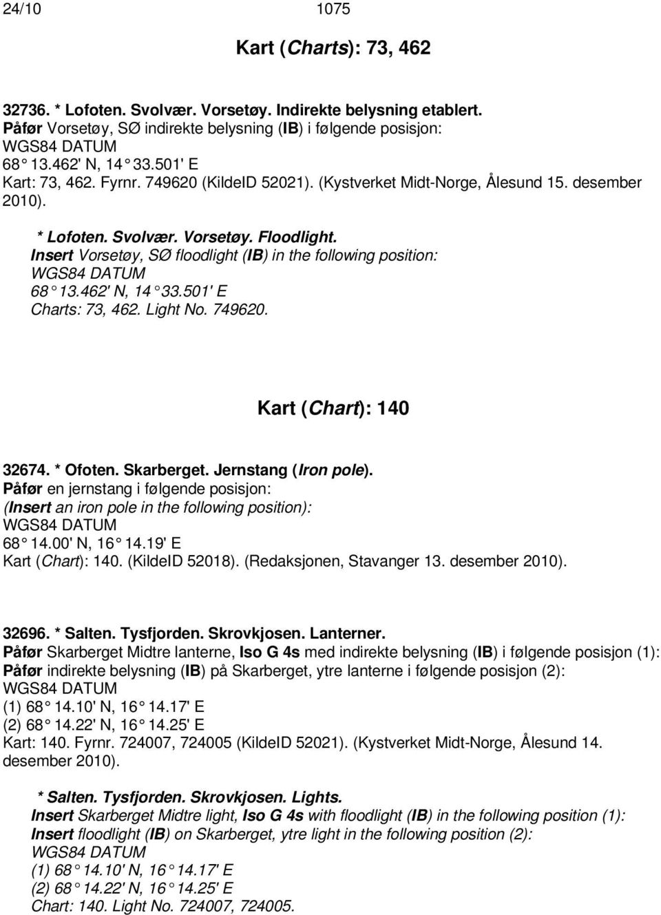 Insert Vorsetøy, SØ floodlight (IB) in the following position: 68 13.462' N, 14 33.501' E Charts: 73, 462. Light No. 749620. Kart (Chart): 140 32674. * Ofoten. Skarberget. Jernstang (Iron pole).