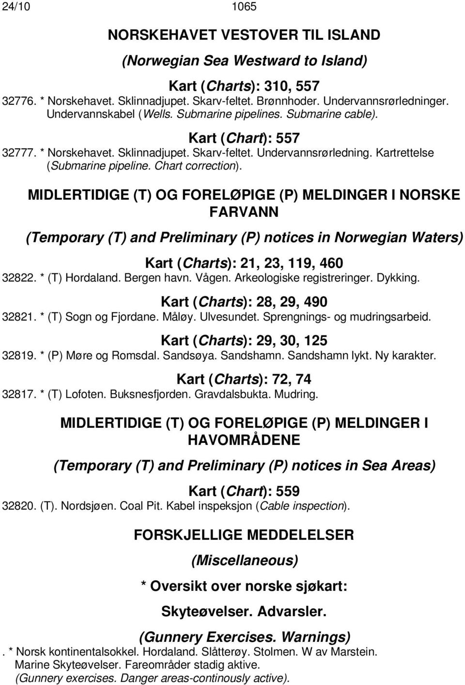 Chart correction). MIDLERTIDIGE (T) OG FORELØPIGE (P) MELDINGER I NORSKE FARVANN (Temporary (T) and Preliminary (P) notices in Norwegian Waters) Kart (Charts): 21, 23, 119, 460 32822. * (T) Hordaland.