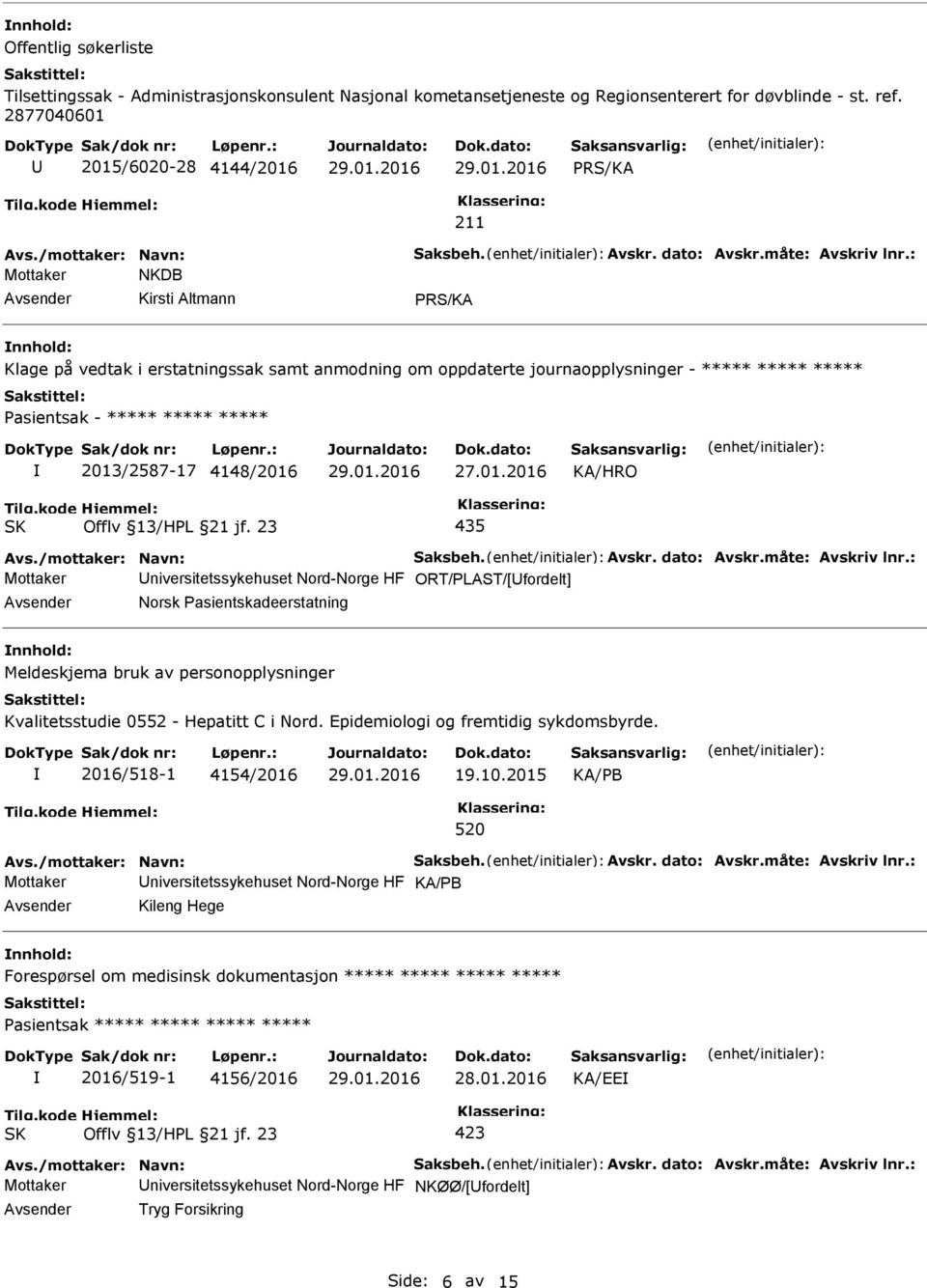 : Mottaker NKDB Kirsti Altmann PRS/KA Klage på vedtak i erstatningssak samt anmodning om oppdaterte journaopplysninger - ***** ***** ***** 2013/2587-17 4148/2016 435 Avs.