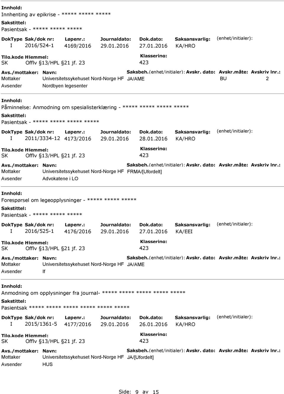 Avskr. dato: Avskr.måte: Avskriv lnr.: Mottaker niversitetssykehuset Nord-Norge HF FRMA/[fordelt] Advokatene i LO Forespørsel om legeopplysninger - ***** ***** ***** 2016/525-1 4176/2016 KA/EE Avs.