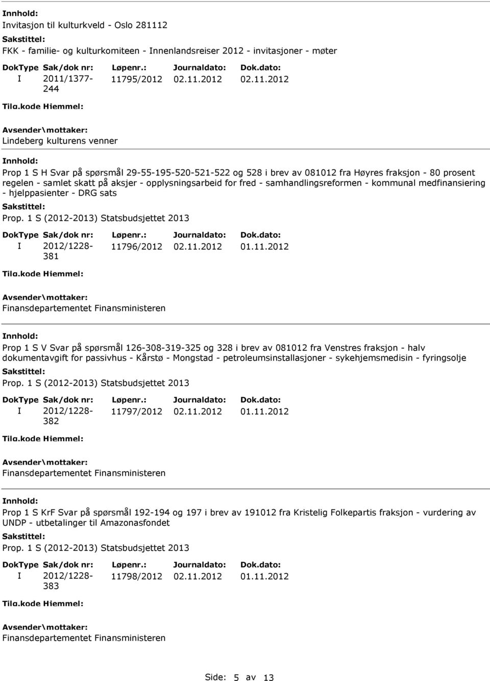 medfinansiering - hjelppasienter - DRG sats 381 11796/2012 nnhold: Prop 1 S V Svar på spørsmål 126-308-319-325 og 328 i brev av 081012 fra Venstres fraksjon - halv dokumentavgift for passivhus -