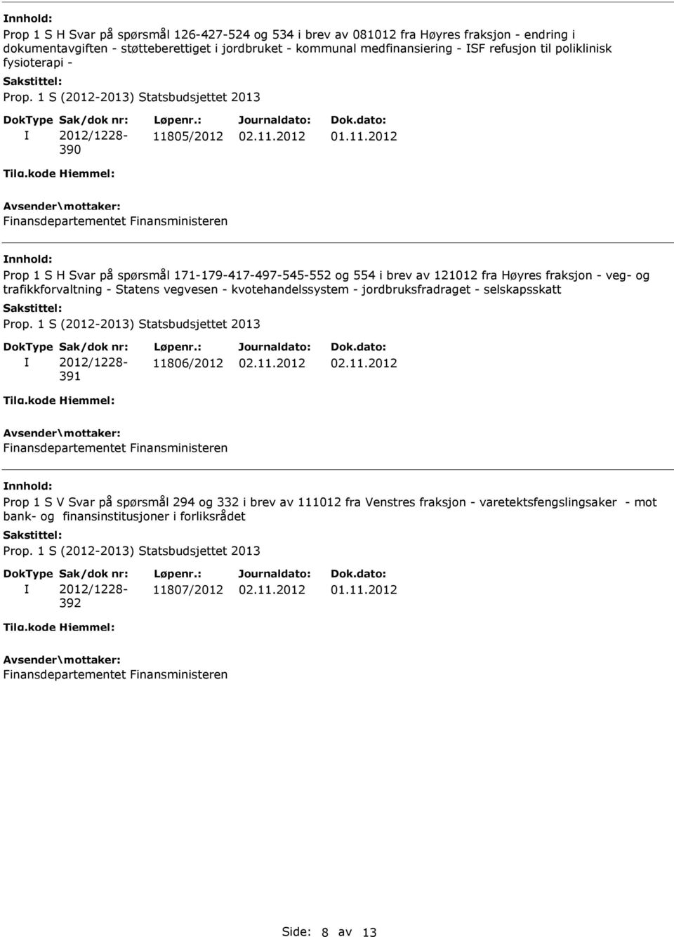 Høyres fraksjon - veg- og trafikkforvaltning - Statens vegvesen - kvotehandelssystem - jordbruksfradraget - selskapsskatt 391 11806/2012 nnhold: Prop 1 S V Svar på