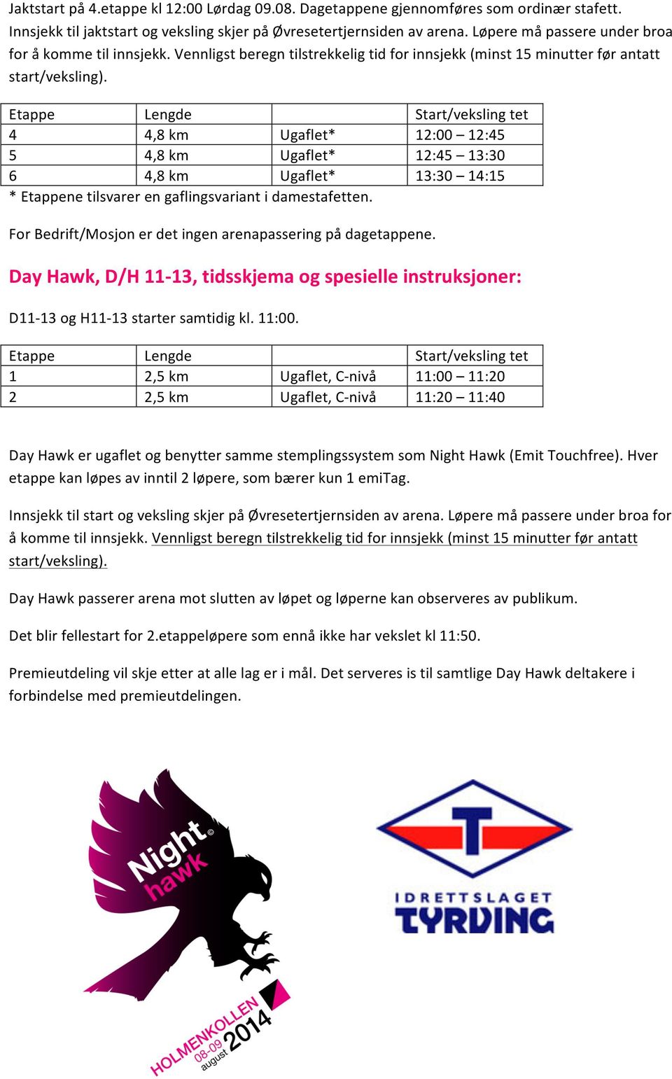 Etappe Lengde Start/veksling tet 4 4,8 km Ugaflet* 12:00 12:45 5 4,8 km Ugaflet* 12:45 13:30 6 4,8 km Ugaflet* 13:30 14:15 * Etappene tilsvarer en gaflingsvariant i damestafetten.