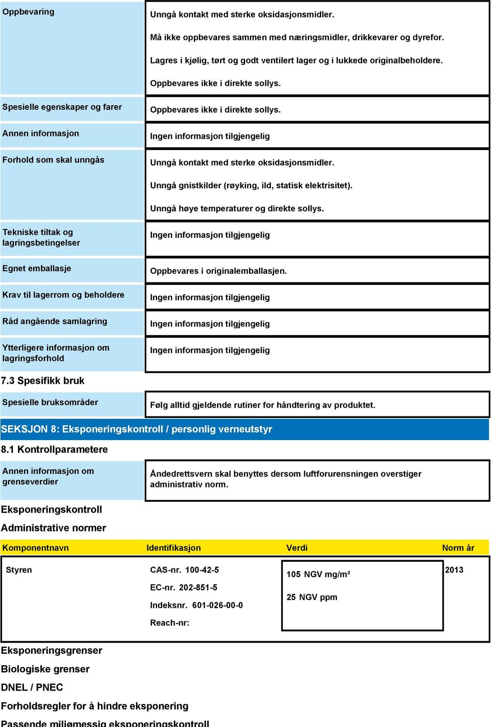 Spesielle egenskaper og farer Annen informasjon Forhold som skal unngås Oppbevares ikke i direkte sollys. Unngå kontakt med sterke oksidasjonsmidler.