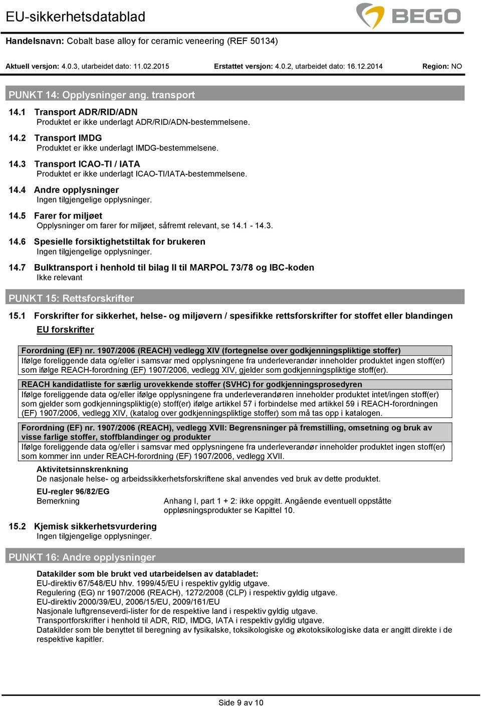 7 Bulktransport i henhold til bilag II til MARPOL 73/78 og IBC-koden Ikke relevant PUNKT 15: Rettsforskrifter 15.