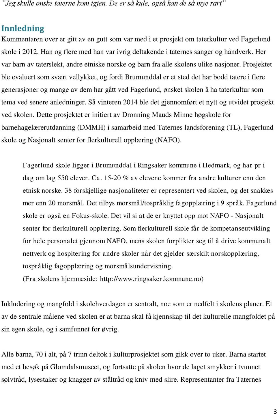 Prosjektet ble evaluert som svært vellykket, og fordi Brumunddal er et sted det har bodd tatere i flere generasjoner og mange av dem har gått ved Fagerlund, ønsket skolen å ha taterkultur som tema