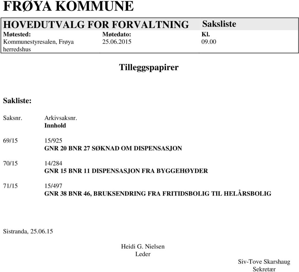 Innhold 69/15 15/925 GNR 20 BNR 27 SØKNAD OM DISPENSASJON 70/15 14/284 GNR 15 BNR 11 DISPENSASJON FRA