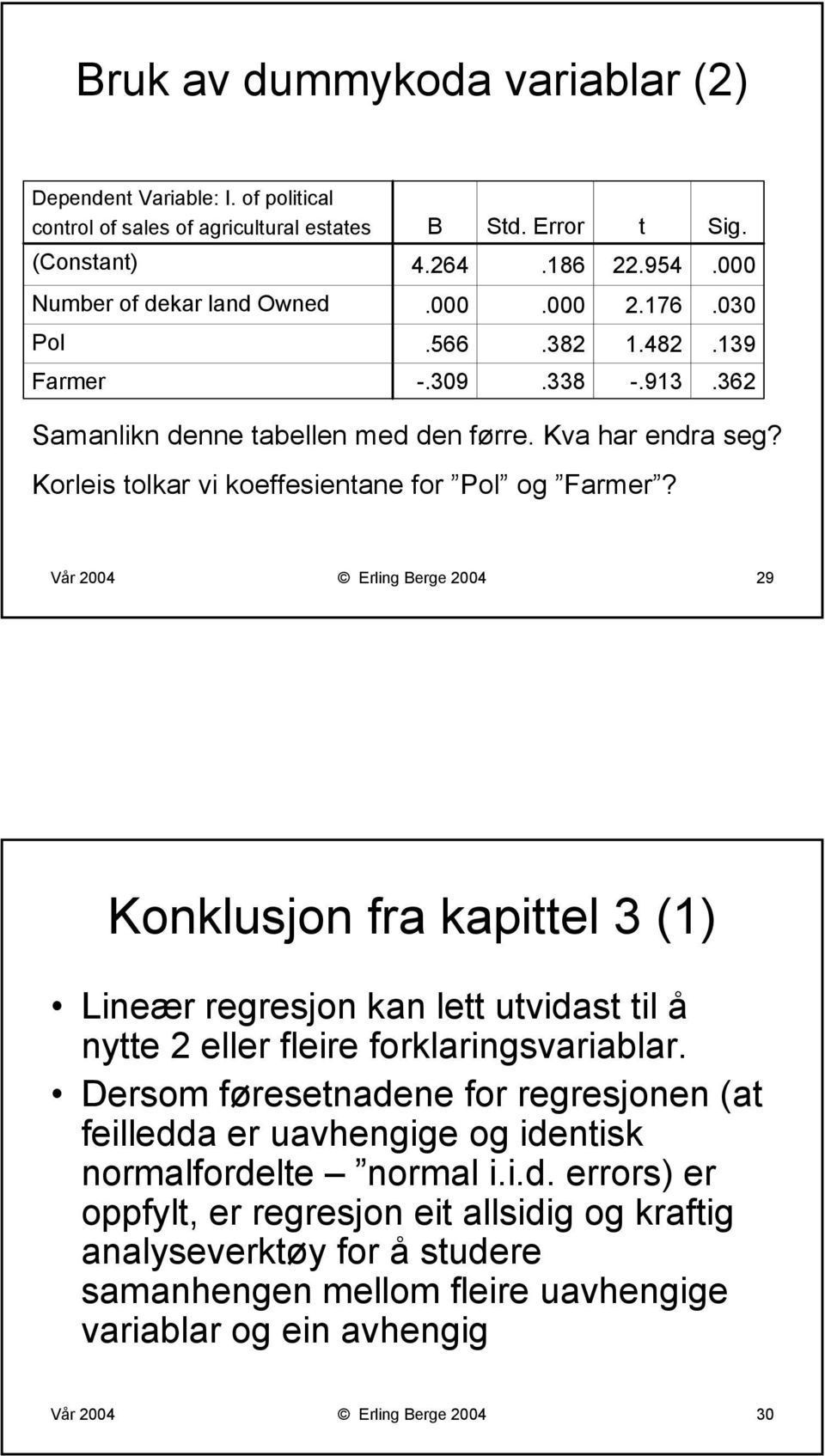 Vår 2004 Erling Berge 2004 29 Konklusjon fra kapittel 3 (1) Lineær regresjon kan lett utvidast til å nytte 2 eller fleire forklaringsvariablar.