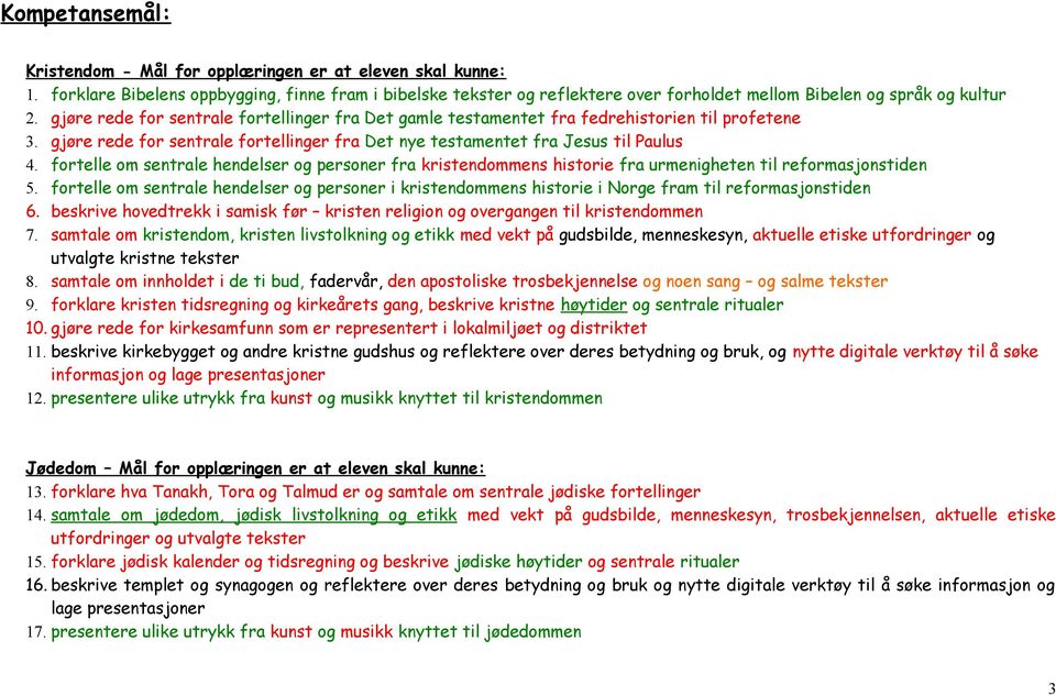 gjøre rede for sentrale fortellinger fra Det gamle testamentet fra fedrehistorien til profetene 3. gjøre rede for sentrale fortellinger fra Det nye testamentet fra Jesus til Paulus 4.