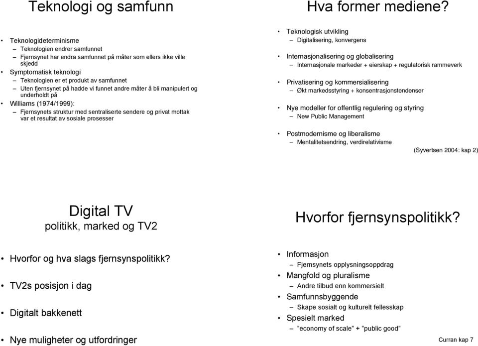 på hadde vi funnet andre måter å bli manipulert og underholdt på Williams (1974/1999): Fjernsynets struktur med sentraliserte sendere og privat mottak var et resultat av sosiale prosesser Teknologisk