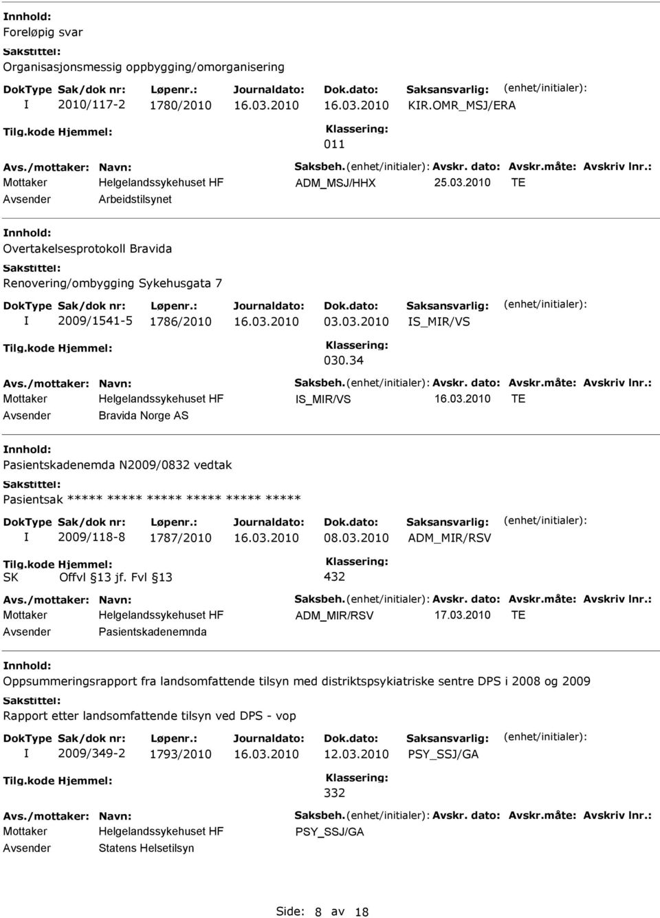 34 S_MR/VS TE Avsender Bravida Norge AS nnhold: Pasientskadenemda N2009/0832 vedtak Pasientsak ***** ***** ***** ***** ***** ***** 2009/118-8 1787/2010 08.03.