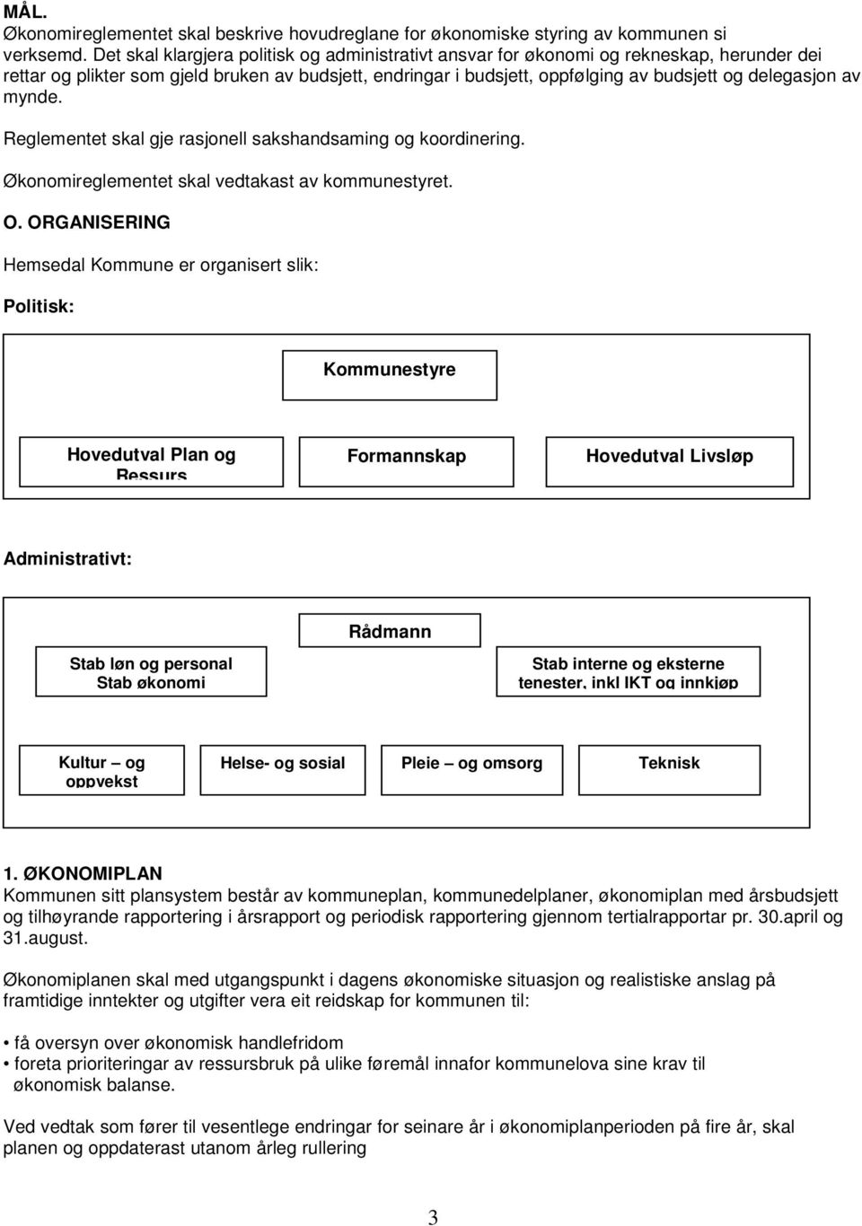 av mynde. Reglementet skal gje rasjonell sakshandsaming og koordinering. Økonomireglementet skal vedtakast av kommunestyret. O.