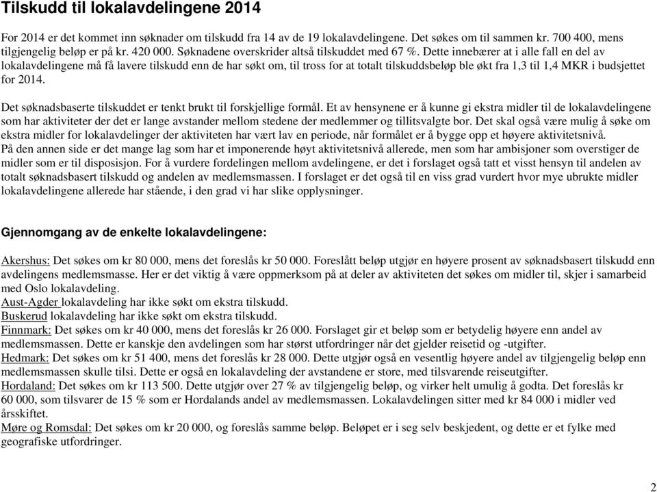 Dette innebærer at i alle fall en del av lokalavdelingene må få lavere tilskudd enn de har søkt om, til tross for at totalt tilskuddsbeløp ble økt fra 1,3 til 1,4 MKR i budsjettet for 2014.