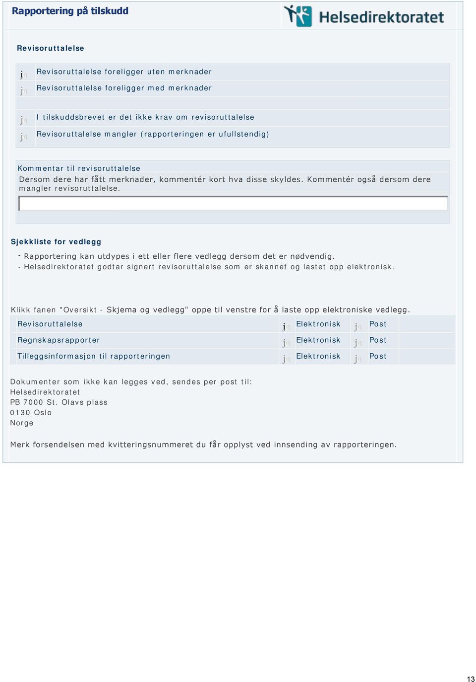 Kommentér også dersom dere mangler revisoruttalelse. Sjekkliste for vedlegg - Rapportering kan utdypes i ett eller flere vedlegg dersom det er nødvendig.