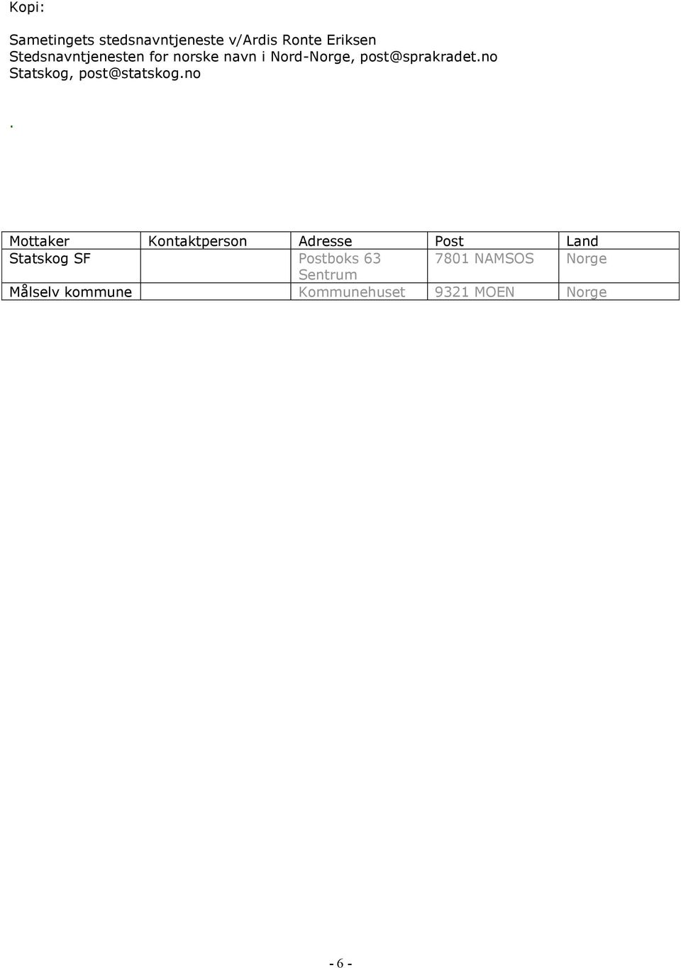 no Statskog, post@statskog.no. Mottaker Kontaktperson Adresse Post Land