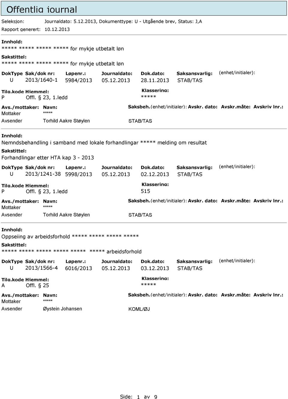 : Mottaker Torhild Aakre Støylen Nemndsbehandling i samband med lokale forhandlingar melding om resultat Forhandlingar etter HTA kap 3-2013 2013/1241-38 5998/2013 02.12.2013 515 Avs.