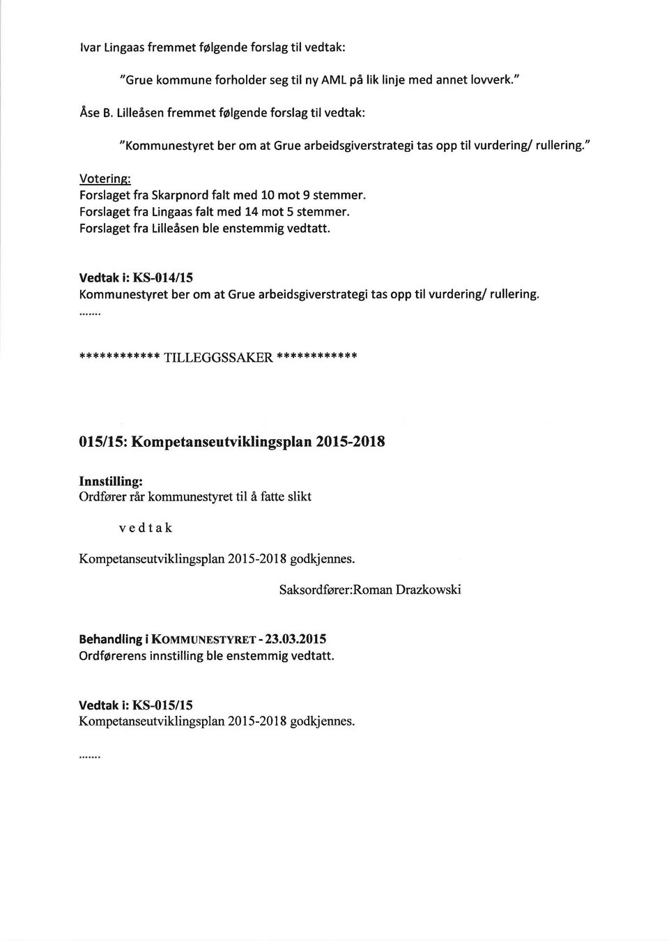 " Votering: Forslaget fra Skarpnord falt med 10 mot 9 stemmer Forslaget fra Lingaas falt med 14 mot 5 stemmer. Forslaget fra Lilleåsen ble enstemmig vedtatt.