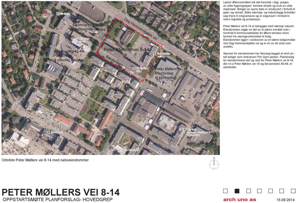 Eldre nærings- og industribygg forholder seg friere til omgivelsene og er organisert i forhold til intern logistikk og produksjon. Peter Møllers vei 8-14 er bebygget med næring/ industri.