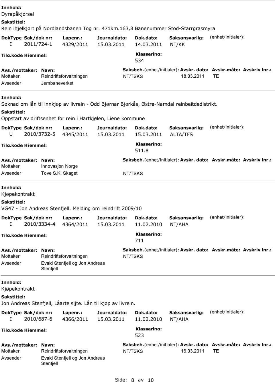 Oppstart av driftsenhet for rein i Hartkjølen, Liene kommune 2010/3732-5 4345/2011 ALTA/TFS 511.8 Avs./mottaker: Navn: Saksbeh. Avskr. dato: Avskr.måte: Avskriv lnr.: Mottaker nnovasjon Norge Tove S.