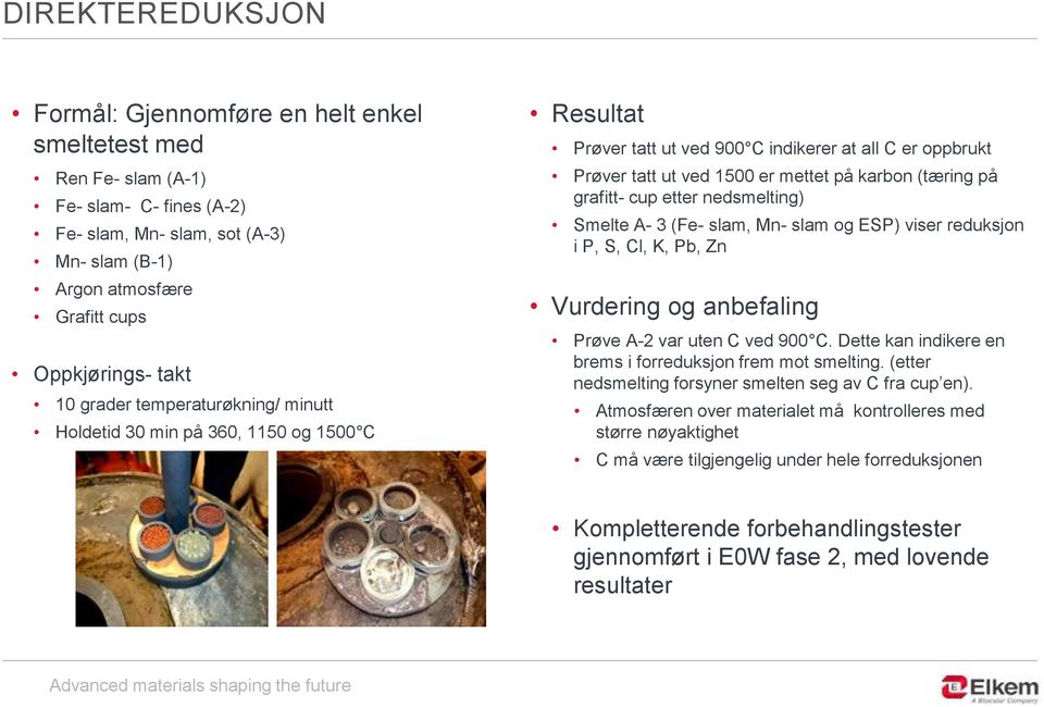 grafitt- cup etter nedsmelting) Smelte A- 3 (Fe- slam, Mn- slam og ESP) viser reduksjon i P, S, Cl, K, Pb, Zn Vurdering og anbefaling Prøve A-2 var uten C ved 900 C.