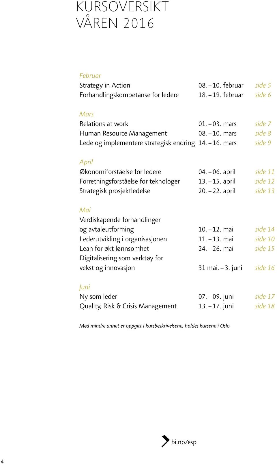 april side 11 Forretningsforståelse for teknologer 13. 15. april side 12 Strategisk prosjektledelse 20. 22. april side 13 Mai Verdiskapende forhandlinger og avtaleutforming 10. 12. mai side 14 Lederutvikling i organisasjonen 11.