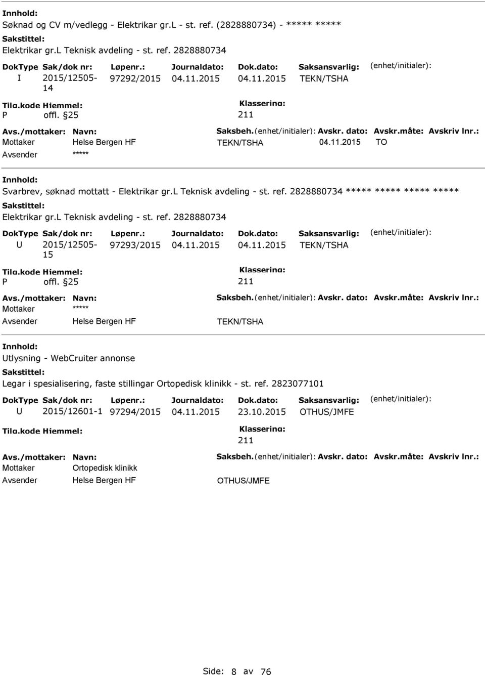 2828880734 2015/12505-14 97292/2015 TEKN/TSHA Mottaker TEKN/TSHA TO ***** Svarbrev, søknad mottatt - Elektrikar gr.l Teknisk avdeling - st. ref.