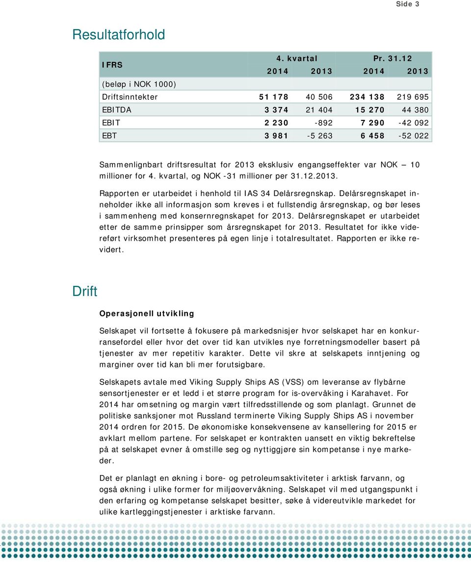 driftsresultat for 2013 eksklusiv engangseffekter var NOK 10 millioner for 4. kvartal, og NOK -31 millioner per 31.12.2013. Rapporten er utarbeidet i henhold til IAS 34 Delårsregnskap.