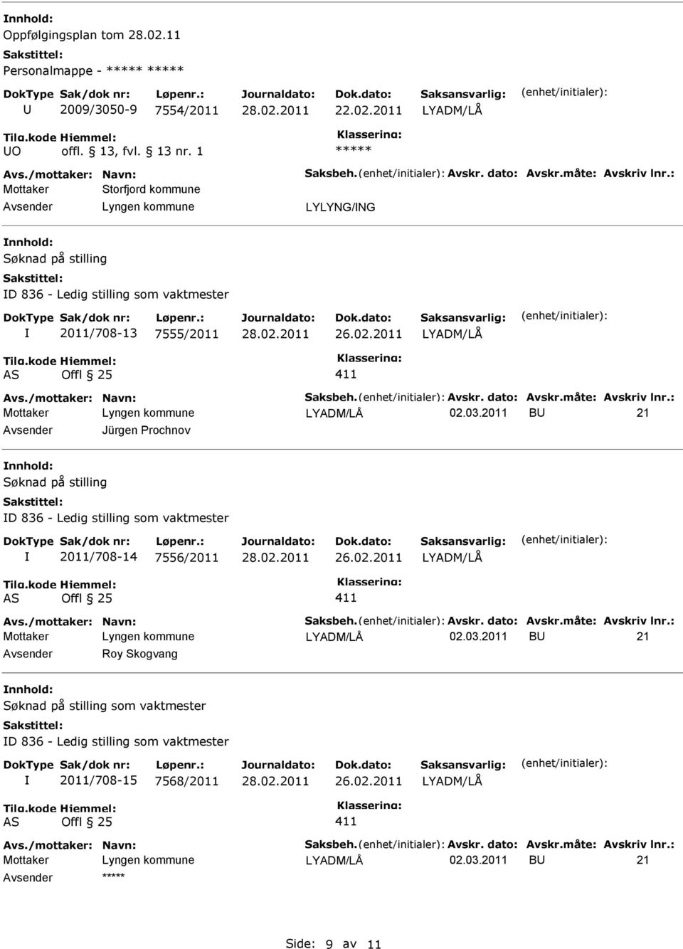 dato: Avskr.måte: Avskriv lnr.: 02.03.2011 B 21 Jürgen Prochnov nnhold: Søknad på stilling D 836 - Ledig stilling som vaktmester 2011/708-14 7556/2011 26.02.2011 AS Offl 25 411 Avs.