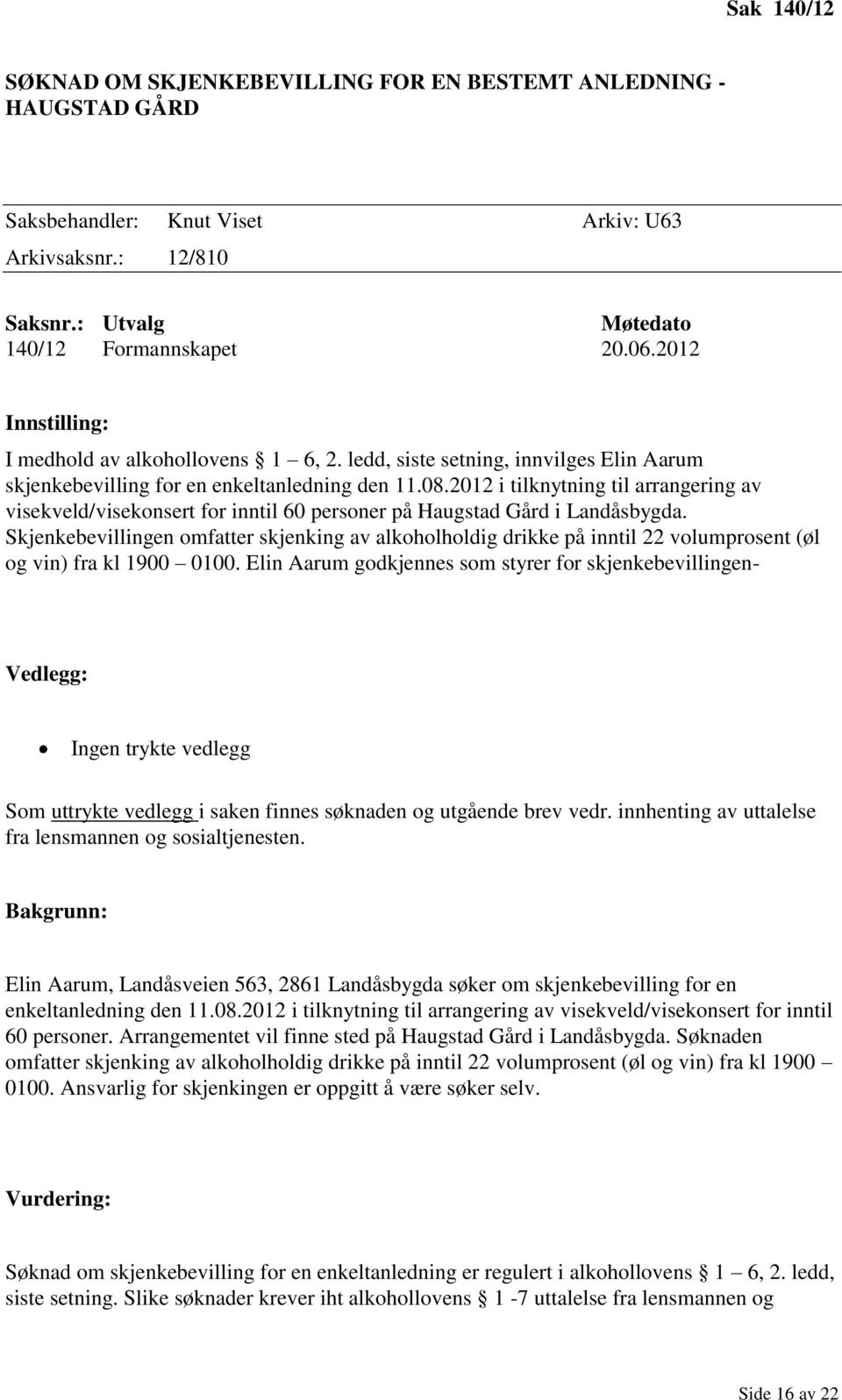 2012 i tilknytning til arrangering av visekveld/visekonsert for inntil 60 personer på Haugstad Gård i Landåsbygda.