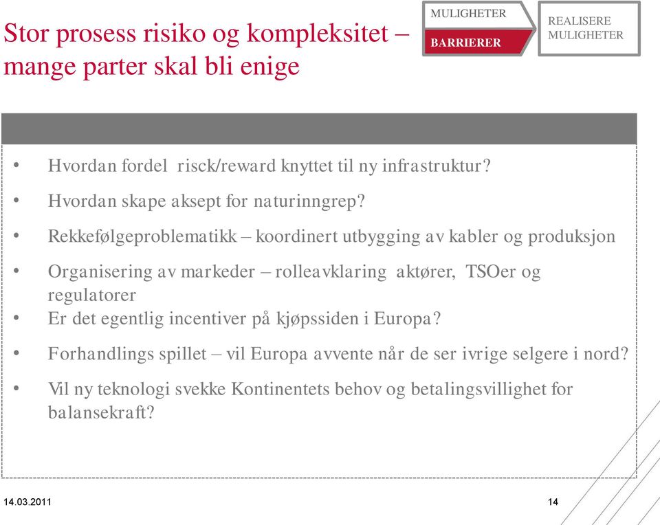 Rekkefølgeproblematikk koordinert utbygging av kabler og produksjon Organisering av markeder rolleavklaring aktører, TSOer og