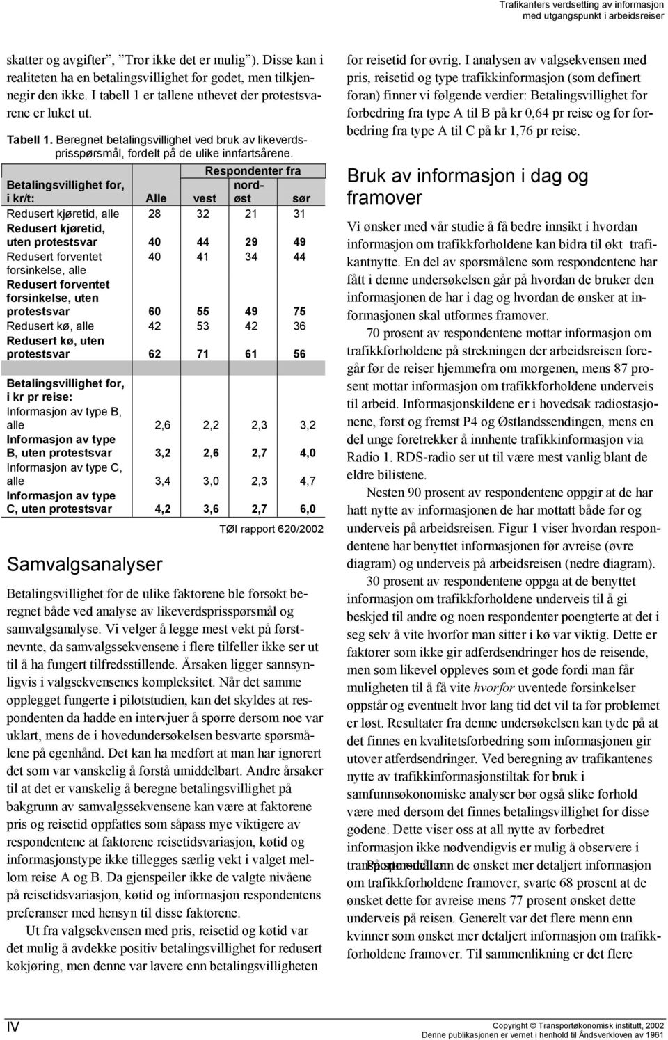 Respondenter fra Betalingsvillighet for, i kr/t: Alle vest nordøst sør Redusert kjøretid, alle 28 32 21 31 Redusert kjøretid, uten protestsvar 40 44 29 49 Redusert forventet 40 41 34 44 forsinkelse,